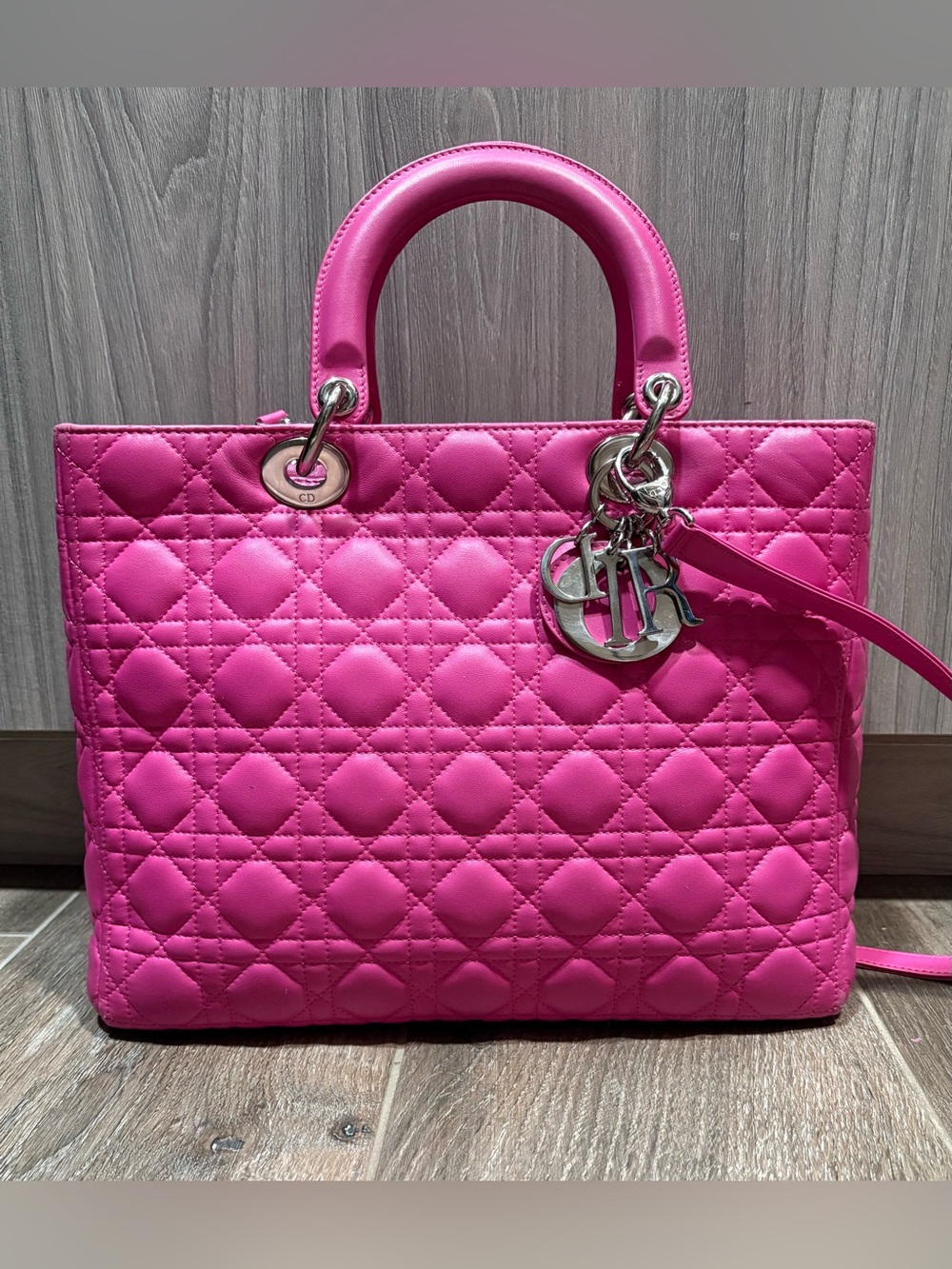 Large Lady Dior Bag in Hot Pink with silver hardware